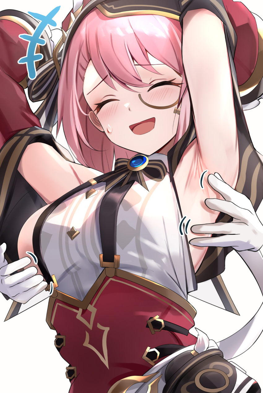 1girl armpits arms_up breasts charlotte_(genshin_impact) closed_eyes commentary_request disembodied_limb genshin_impact gloves hand_on_another's_chest hat highres long_sleeves medium_breasts monocle pink_hair sideboob smile tickling tomas_(kaosu22) white_background