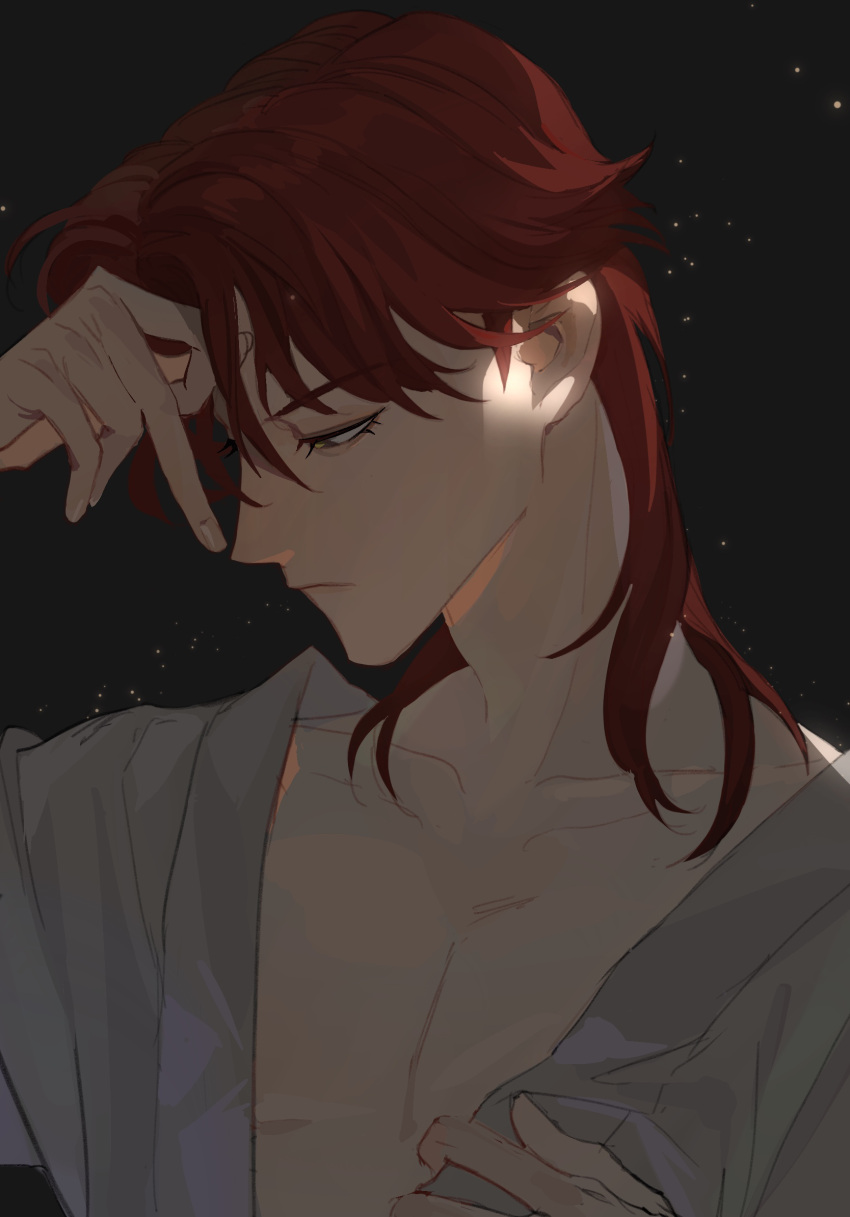 1boy brown_eyes closed_mouth commentary fingernails frown grey_background hand_on_own_forehead highres ichijou_seiya kaiji long_bangs long_hair looking_down loose_clothes loose_shirt male_focus red_hair shirt solo upper_body white_shirt xt1125cj