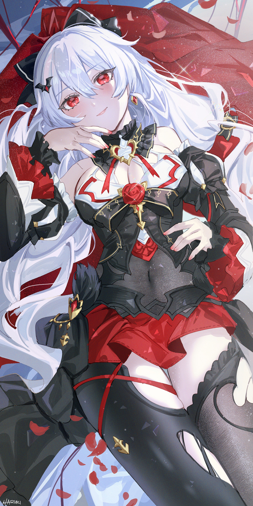 1girl artist_name bare_shoulders bat_hair_ornament black_dress black_sleeves bow breasts cleavage closed_mouth commentary_request detached_sleeves dress earrings feet_out_of_frame flower frilled_sleeves frills from_above hair_bow hair_ornament haruri highres honkai_(series) honkai_impact_3rd jewelry long_hair looking_at_viewer lying on_back petals red_bow red_dress red_eyes red_flower red_nails red_rose red_skirt rose skirt sleeveless sleeveless_dress smile solo theresa_apocalypse theresa_apocalypse_(luna_kindred) thighhighs torn_clothes torn_thighhighs very_long_hair white_hair