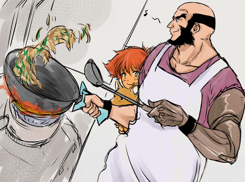 1girl absurdres bald beard child cooking cowboy_bebop edward_wong_hau_pepelu_tivrusky_iv ein_(cowboy_bebop) facial_hair fire food highres jet_black orange_hair prosthesis prosthetic_arm short_hair size_difference tobalin welsh_corgi