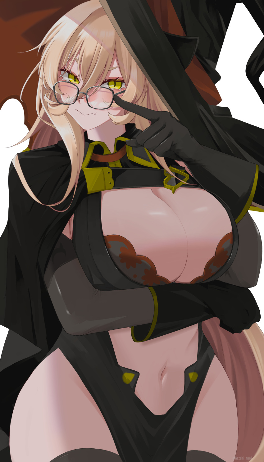 1girl absurdres adapted_costume adjusting_eyewear arm_under_breasts bare_hips black_cape black_dress black_gloves black_headwear black_thighhighs blonde_hair blush breasts cape chest_strap clothing_cutout dress fang glasses gloves hair_between_eyes hat hazaki_mani highres large_breasts long_hair looking_at_viewer navel navel_cutout nijisanji nose_blush nui_sociere nui_sociere_(1st_costume) pelvic_curtain red_headwear revealing_clothes skin_fang solo stomach thighhighs very_long_hair virtual_youtuber witch_hat yellow_eyes