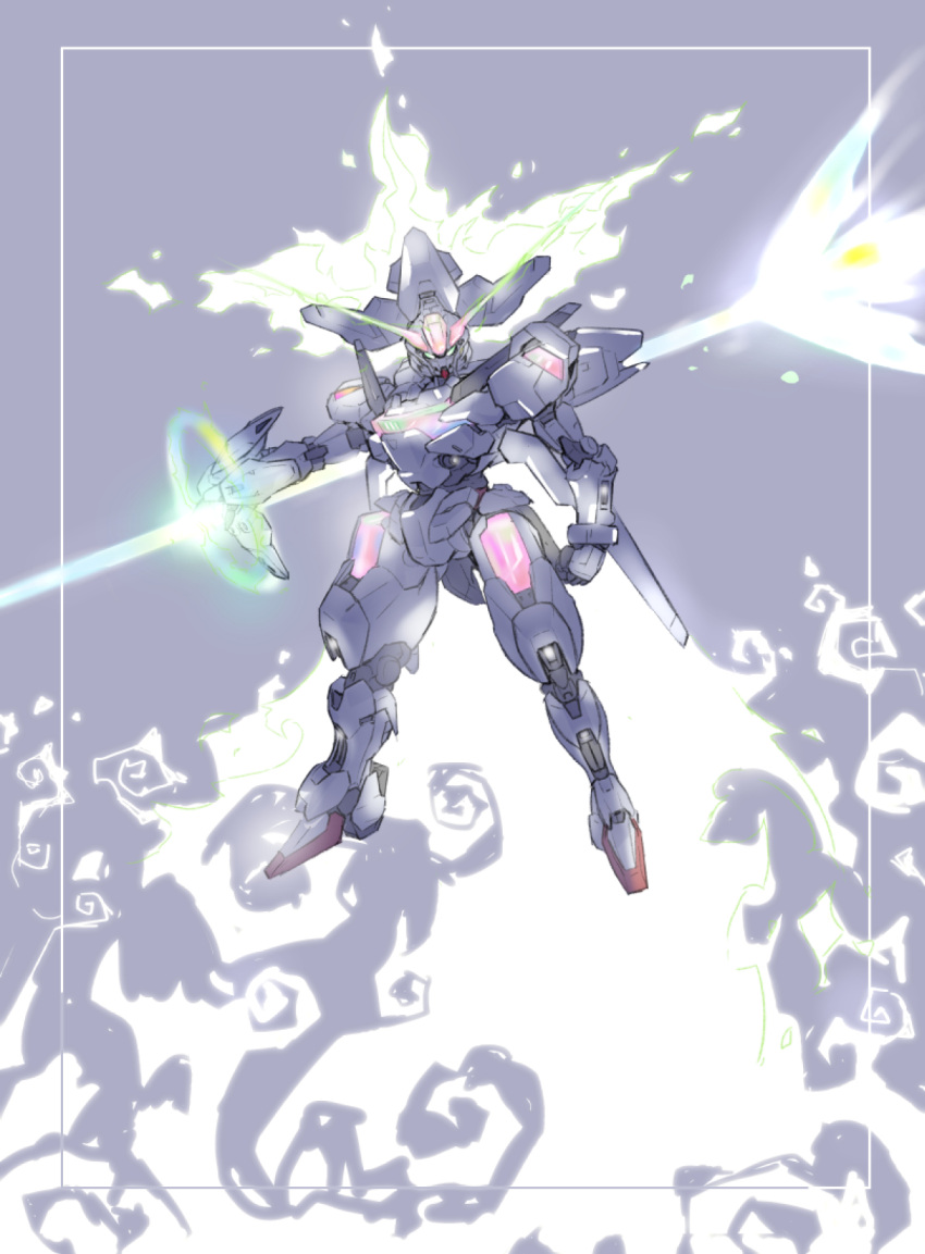 aura border energy exhaust full_body glowing green_eyes grey_background gundam gundam_calibarn gundam_suisei_no_majo highres looking_at_viewer ni~tsu_kashi no_humans rainbow_gradient redesign solo thrusters v-fin white_border