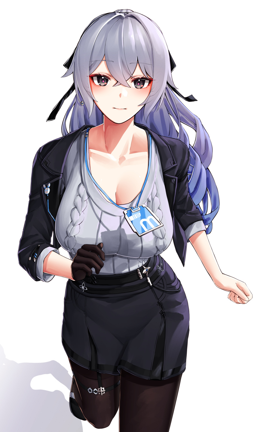 1girl absurdres aged_up black_gloves black_jacket black_pantyhose black_skirt breasts bronya_zaychik bronya_zaychik_(silverwing:_n-ex) cleavage closed_mouth drill_hair gloves grey_eyes grey_hair hair_between_eyes highres honkai_(series) honkai_impact_3rd jacket large_breasts long_hair pantyhose pyeong-il_pyeongil simple_background single_glove skirt solo white_background