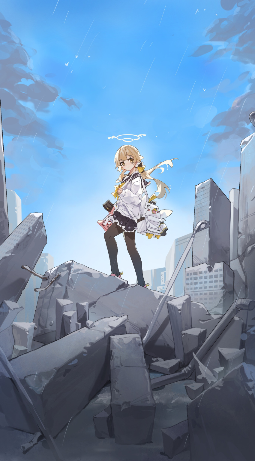 1girl absurdres assault_rifle backpack bag black_pantyhose blue_archive blue_sky brown_eyes brown_hair building bullpup cloud cloudy_sky commentary_request gun hair_between_eyes halo hifumi_(blue_archive) highres l85 long_hair long_sleeves looking_at_viewer low_twintails outdoors pantyhose peroro_(blue_archive) pleated_skirt rifle rubble school_uniform sentter serafuku shoes sidelocks skirt sky skyline skyscraper smile sneakers solo standing twintails weapon wind wing_hair_ornament