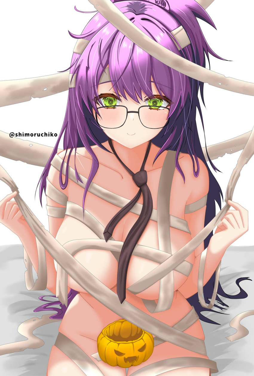 1girl artist_request bandaged_arm bandaged_hand bandaged_head bandaged_leg bandages bare_shoulders bed bed_sheet between_breasts black_necktie blush breasts censored cleavage closed_mouth collarbone ether_(nikke) glasses goddess_of_victory:_nikke green_eyes hair_ornament halloween highres indoors large_breasts light_smile long_hair looking_at_viewer naked_bandage necktie necktie_between_breasts nude on_bed pumpkin purple_eyes self-upload shimoruchiko simple_background sitting smile solo thighs twitter_username