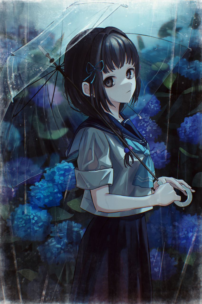 1girl absurdres amemori_sayo aqua_neckerchief black_eyes black_hair black_sailor_collar black_skirt blue_flower blue_ribbon braid closed_mouth cowboy_shot day expressionless flower from_side hair_bobbles hair_intakes hair_ornament hair_over_shoulder hair_ribbon happa_de_happy highres holding holding_umbrella hydrangea long_hair looking_at_viewer looking_to_the_side neckerchief nijisanji outdoors over_shoulder pale_skin photo_(object) rain ribbon sailor_collar school_uniform serafuku short_sleeves skirt solo umbrella virtual_youtuber