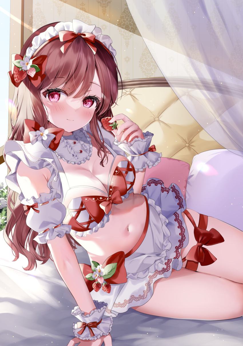 1girl apron arm_support bare_shoulders bra breasts cleavage detached_collar detached_sleeves food food-themed_hair_ornament frilled_bra frills fruit hair_ornament headdress highres holding leg_ribbon lingerie long_hair looking_at_viewer medium_breasts midriff miniskirt navel original red_bra red_eyes red_hair ribbon sitting skirt smile solo stomach strawberry strawberry_hair_ornament thighs tsukimiya_sara underwear waist_apron white_skirt wrist_cuffs
