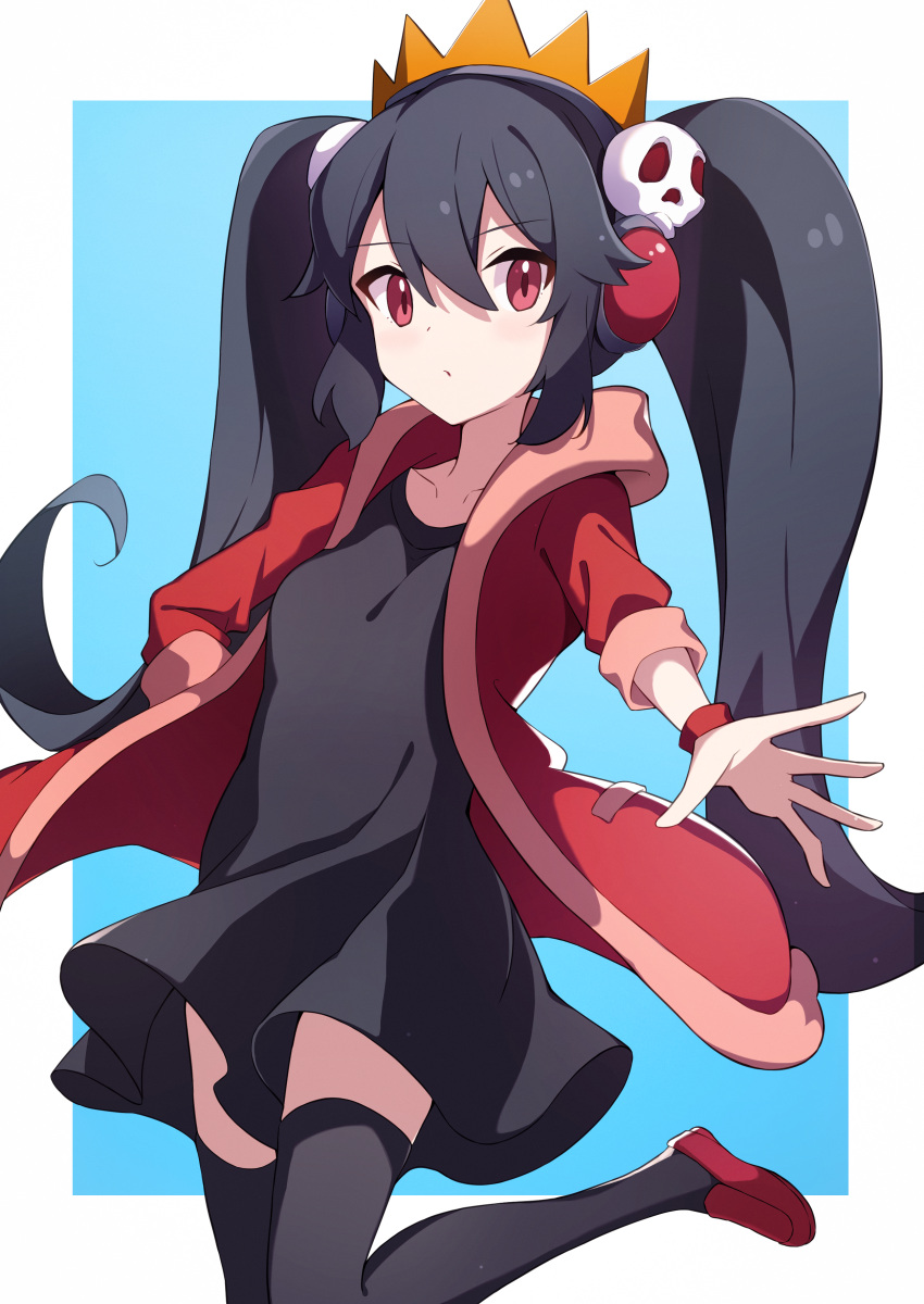 1girl absurdres ashley_(warioware) azunyan black_dress black_hair black_thighhighs breasts closed_mouth collarbone commentary commission crazy_galaxy crown dress hair_between_eyes hair_ornament highres jacket long_hair long_sleeves looking_at_viewer medium_breasts pixiv_commission red_eyes red_footwear red_jacket skull_hair_ornament solo standing standing_on_one_leg thighhighs twintails warioware zettai_ryouiki