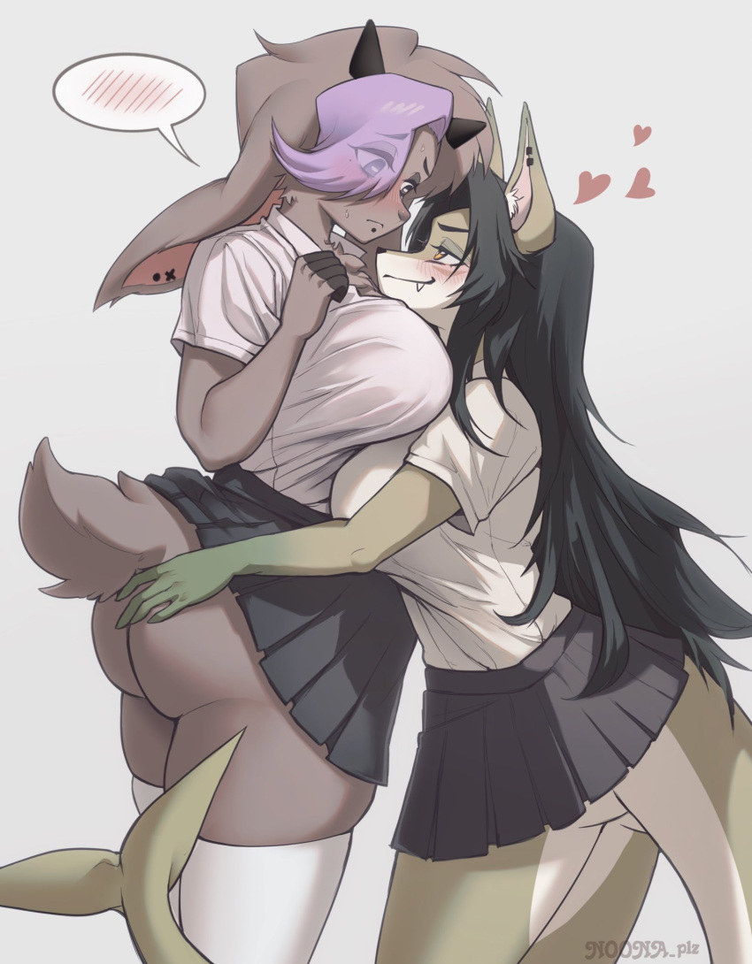 2girls animal_ears animal_nose black_hair blush breasts brown_hair closed_mouth eyes_visible_through_hair fang fang_out furry furry_female furry_with_furry heart highres large_breasts long_hair multiple_girls noona_plz original spoken_blush tail yuri