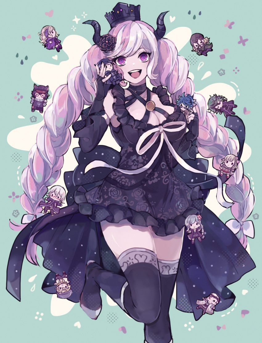 1girl :d black_dress black_flower black_footwear black_gloves black_horns black_nails black_sleeves black_thighhighs blonde_hair blue_background blue_hair braid breasts character_doll cleavage commentary_request criss-cross_halter crown desuhiko_thunderbolt detached_sleeves doll dress fingerless_gloves floral_print flower frilled_dress frills fubuki_clockford gloves green_hair hair_flower hair_ornament hair_ribbon halara_nightmare halterneck hands_up heart highres holding holding_doll horns large_breasts long_hair looking_at_viewer master_detective_archives:_rain_code melami_goldmine multicolored_hair nail_polish open_mouth pink_eyes pink_hair pucci_lavmin ribbon shiina_kimagure shinigami_(rain_code) smile solo sparkle standing standing_on_one_leg teeth thighhighs twin_braids two-tone_hair upper_teeth_only very_long_hair vivia_twilight water_drop white_hair white_ribbon yakou_furio yuma_kokohead zange_eraser zilch_alexander