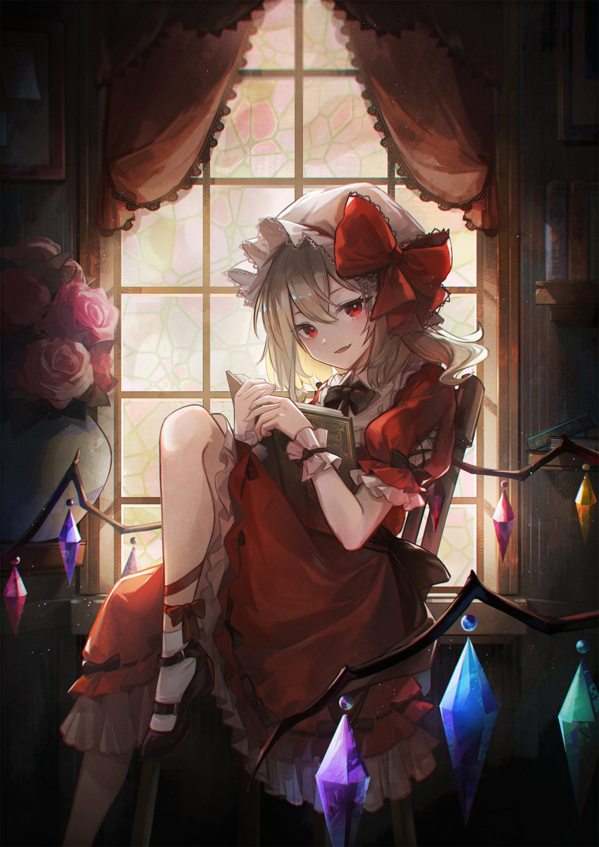 1girl black_bow black_bowtie black_footwear blonde_hair book bookshelf bow bowtie crystal_wings curtains dress fang flandre_scarlet flower flower_pot frilled_dress frilled_wristband frills hat highres holding holding_book kyusoukyu looking_at_viewer mary_janes medium_hair mob_cap pink_flower pink_rose red_bow red_bowtie red_dress red_eyes rose shoes sitting skin_fang socks solo touhou white_headwear white_socks window wings