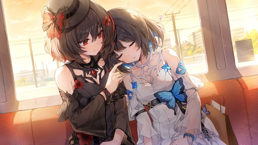 2girls acco_(sh_in) alternate_costume bag bare_shoulders birthday black_headwear black_nails black_sleeves butterfly_ornament closed_eyes closed_mouth day dress hat highres honkai_(series) honkai_impact_3rd indoors looking_at_another multiple_girls official_alternate_costume red_eyes red_hair seele_(alter_ego) seele_vollerei seele_vollerei_(stygian_nymph) seele_vollerei_(swallowtail_phantasm) short_hair sitting sleeping upper_body white_dress