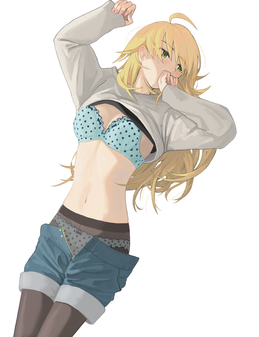 1girl absurdres ahoge arm_up black_pantyhose blonde_hair blue_bra blue_panties blush bra breasts cleavage clenched_hands clothes_lift denim denim_shorts earrings epitaph_(1122) frilled_bra frilled_panties frills green_eyes grey_shirt hand_up highres hoshii_miki idolmaster idolmaster_(classic) idolmaster_million_live! idolmaster_million_live!_theater_days jewelry large_breasts long_hair long_sleeves looking_at_another lying midriff nail_polish navel on_back panties pantyhose pink_nails polka_dot polka_dot_bra polka_dot_panties shirt shirt_lift shorts simple_background sleeves_past_wrists solo underwear undressing unzipped white_background zipper zipper_pull_tab
