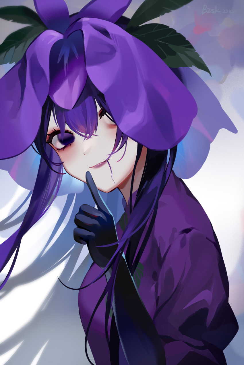 1girl absurdres baozishark black_gloves black_hair china_dress chinese_clothes closed_mouth dress flower flower_on_head gloves highres long_hair purple_dress purple_eyes purple_flower short_sleeves solo touhou upper_body yomotsu_hisami