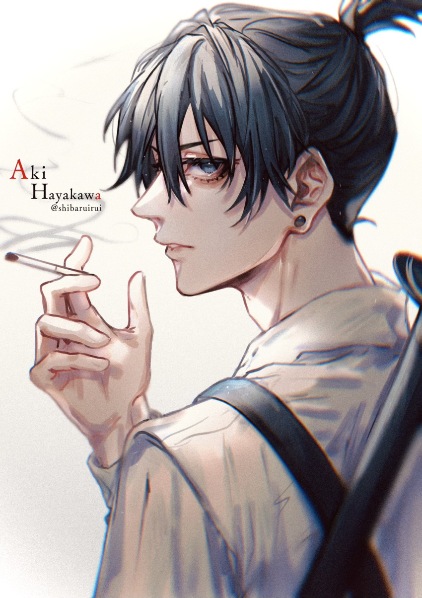 1boy black_hair black_necktie blue_eyes chainsaw_man character_name chest_belt chromatic_aberration cigarette collared_shirt earrings hayakawa_aki highres holding holding_cigarette jewelry katana looking_at_viewer necktie shibaruirui shirt short_hair sideways_glance simple_background smoke solo stud_earrings sword topknot twitter_username weapon weapon_on_back white_background white_shirt