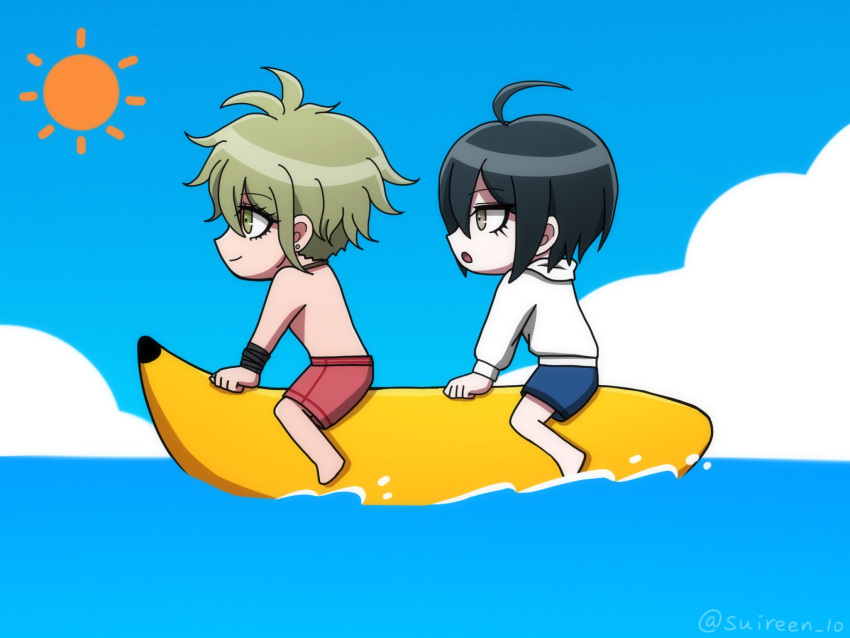 :o ahoge amami_rantaro banana_boat black_hair blue_male_swimwear brown_eyes chibi closed_mouth cloud danganronpa_(series) danganronpa_s:_ultimate_summer_camp danganronpa_v3:_killing_harmony ear_piercing green_eyes green_hair highres hood hoodie male_focus male_swimwear ocean official_alternate_costume open_mouth outdoors piercing red_male_swimwear saihara_shuichi short_hair sitting smile suiren_yurei sun topless_male water white_hoodie