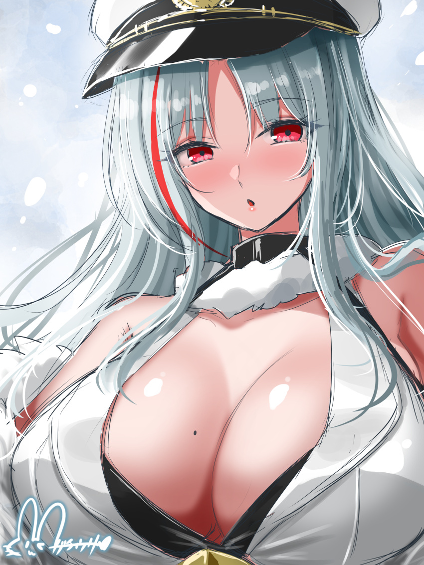 1girl absurdres azur_lane bare_shoulders blush breasts cleavage coat fur-trimmed_coat fur_trim hat highres hisin large_breasts long_hair looking_at_viewer mole mole_on_breast multicolored_hair parted_bangs parted_lips peaked_cap red_eyes red_hair signature sketch solo streaked_hair tallinn_(azur_lane) upper_body white_coat white_hair white_headwear