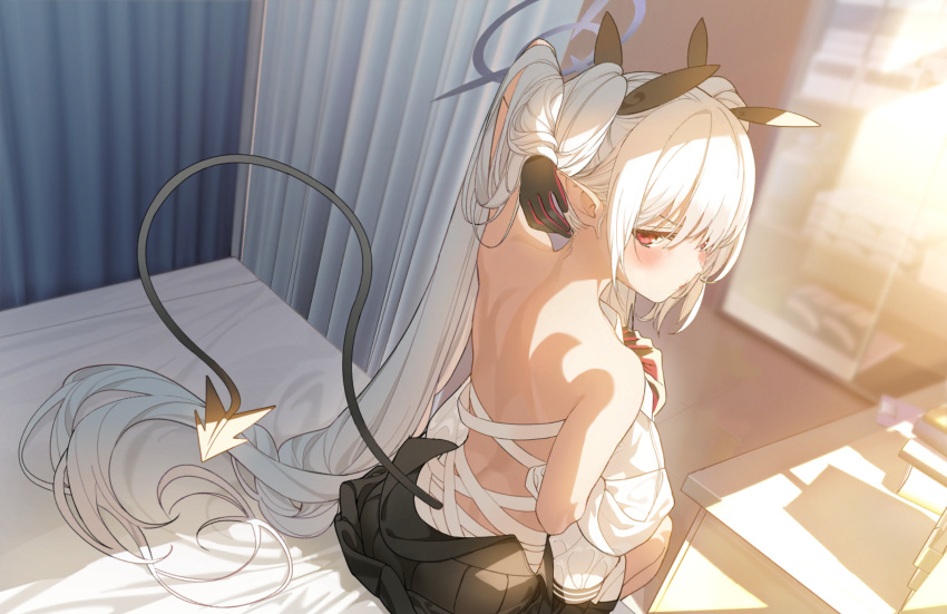 1girl artist_request back bandage_on_hip bandages bed black_gloves black_ribbon black_skirt blue_archive blurry blurry_background blush clothes_removed dark-skinned_female dark_skin demon_tail frown game_cg gloves grey_hair grey_halo hair_between_eyes hair_ribbon halo hand_in_own_hair highres iori_(blue_archive) long_hair looking_back non-web_source official_art pointy_ears red_eyes ribbon shirt skirt solo sunlight tail twintails very_long_hair white_shirt window_shade