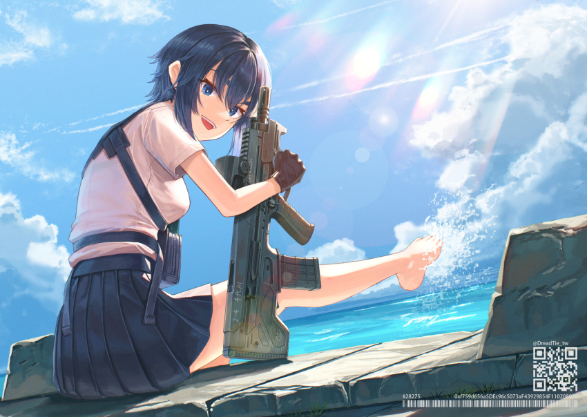 1girl black_gloves black_hair black_skirt blue_eyes blue_sky breasts cloud commentary_request day dreadtie eyebrows_hidden_by_hair gloves gun hair_between_eyes highres holding holding_gun holding_weapon original outdoors pleated_skirt qr_code shirt short_sleeves skirt sky small_breasts solo splashing thick_eyebrows water weapon weapon_request white_shirt