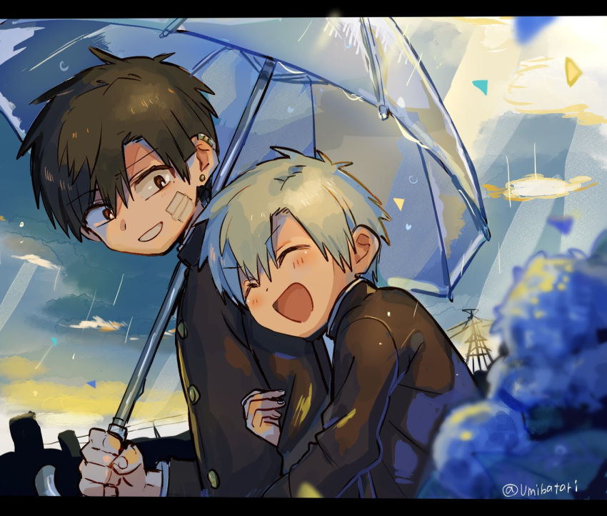 2boys bishounen blonde_hair brown_hair closed_eyes cloud cloudy_sky couple earrings hand_on_another's_arm happy highres holding holding_umbrella jewelry looking_at_another male_focus multiple_boys open_mouth original outdoors power_lines rain school_uniform signature sky teeth umbrella umibatari yaoi