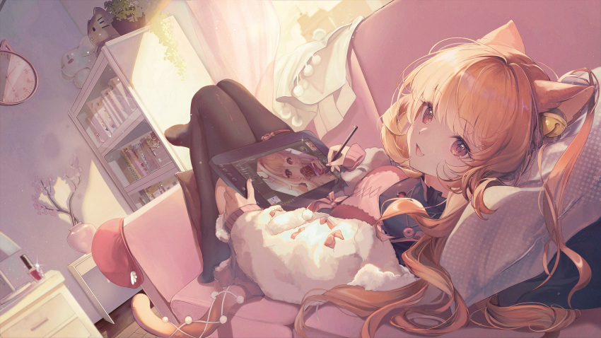 1girl absurdres animal_ears bedroom black_thighhighs blonde_hair book bookshelf brown_eyes cat_ears cat_girl cat_tail clock commentary couch curtains desk drawing drawing_tablet ear_bell fang highres holding holding_drawing_tablet holding_stylus indoors kagefumi long_hair long_sleeves looking_at_viewer lying nail_polish no_shoes on_back on_couch open_mouth original pillow plant potted_plant smile solo sparkle stylus symbol-only_commentary tail thighhighs vase window