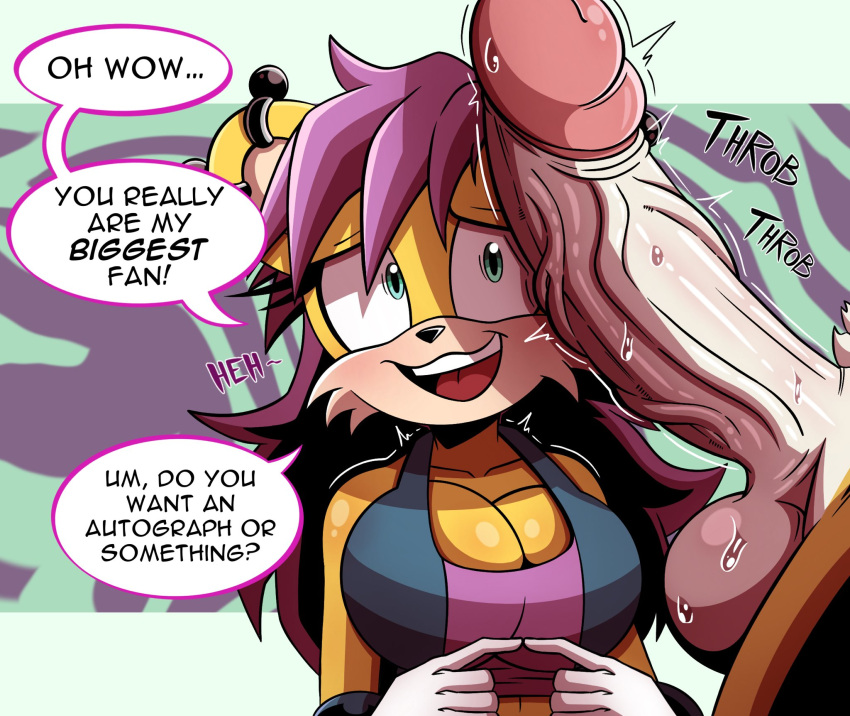 anthro archie_comics balls big_breasts breasts cleavage clothed clothing cxrryart duo erection female genitals herpestid hi_res male male/female mammal mina_mongoose mongoose sega sonic_the_hedgehog_(archie) sonic_the_hedgehog_(comics) sonic_the_hedgehog_(series)