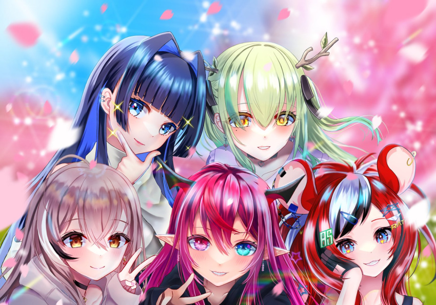 5girls ahoge animal_ears antlers berry black_choker black_hair black_tube_top blue_eyes blue_hair blunt_bangs blurry blurry_background brown_eyes brown_hair brown_hoodie ceres_fauna ceres_fauna_(3rd_costume) cherry_blossoms choker crop_top crossed_bangs earrings falling_petals fingerless_gloves flower food-themed_earrings gloves green_hair grin hair_flower hair_intakes hair_ornament hair_ribbon hairclip hakos_baelz hakos_baelz_(3rd_costume) heterochromia hime_cut holocouncil hololive hololive_english hood hoodie horns irys_(hololive) jewelry lens_flare lily_lily long_hair looking_at_viewer mole mole_under_eye mouse_ears mouse_girl multicolored_hair multiple_girls nail_art nanashi_mumei nanashi_mumei_(3rd_costume) necklace official_alternate_costume ouro_kronii ouro_kronii_(3rd_costume) petals pink_eyes pointy_ears purple_hair purple_shirt red_hair ribbon sharp_teeth shirt sidelocks sleeves_past_wrists smile sparkle strapless streaked_hair teeth tube_top turtleneck v very_long_hair virtual_youtuber white_hair yellow_eyes