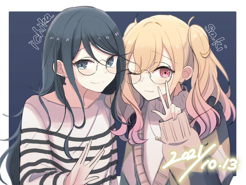 2girls absurdres black_shirt blonde_hair blue_background blue_eyes blue_hair border character_name closed_mouth commentary_request dark_blue_hair dated doraimon0312 earrings glasses gradient_hair hair_behind_eyewear hair_between_eyes hair_over_shoulder highres hoshino_ichika_(project_sekai) jewelry lensless_glasses long_hair looking_at_viewer multicolored_hair multiple_girls necklace off-shoulder_shirt off_shoulder one_eye_closed outside_border pink_eyes pink_hair project_sekai round_eyewear shirt simple_background smile star_(symbol) star_earrings star_necklace striped striped_shirt tenma_saki twintails two-tone_shirt upper_body w wavy_hair white_border