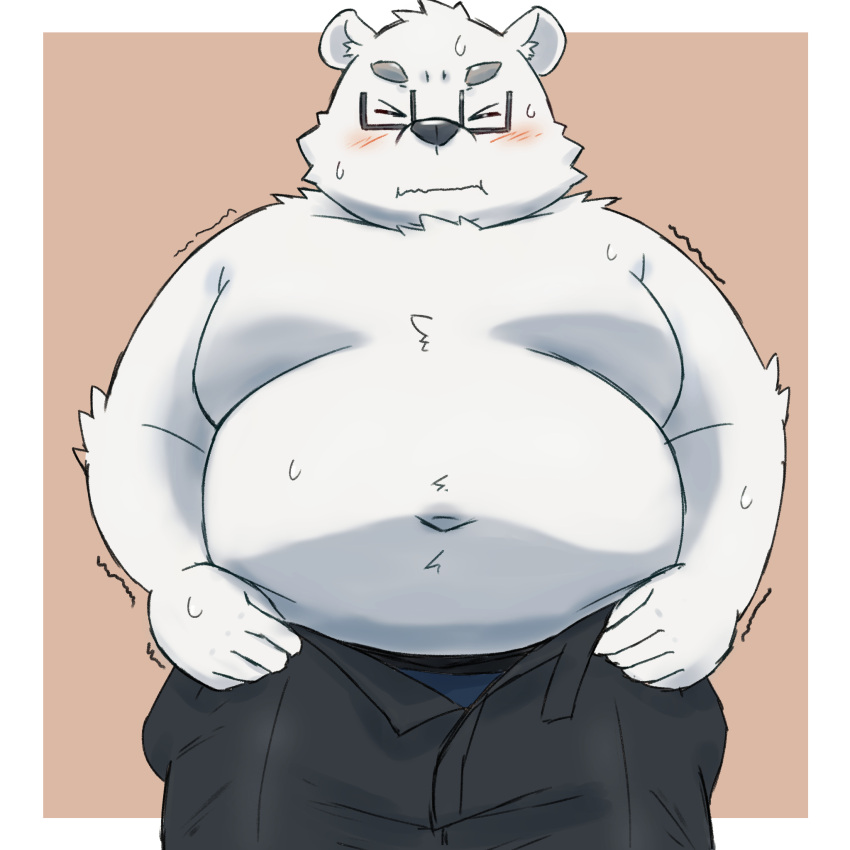 2023 anthro bear belly big_belly black_nose blush bodily_fluids bottomwear clothing eyes_closed eyewear glasses hi_res kemono male mammal moobs navel overweight overweight_male pants polar_bear simple_background solo sweat ursine white_body yaki_atsuage