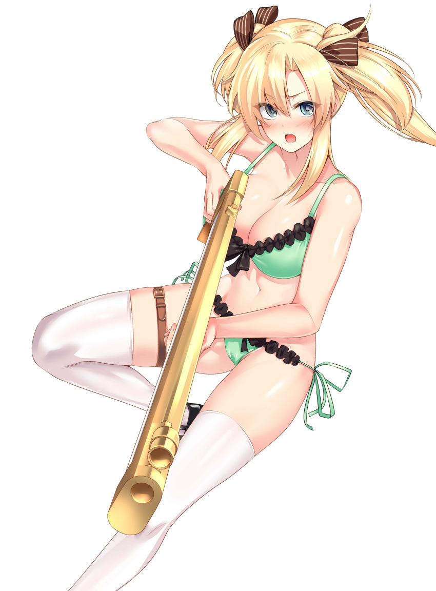 1girl absurdres bare_shoulders blonde_hair bra breasts commentary_request feet_out_of_frame green_bra green_eyes green_panties gun highres holding holding_gun holding_weapon keigen_hichou large_breasts long_hair looking_at_viewer navel panties regina_mercedes seiken_gakuin_no_maken_tsukai simple_background thighhighs twintails underwear weapon white_background white_thighhighs