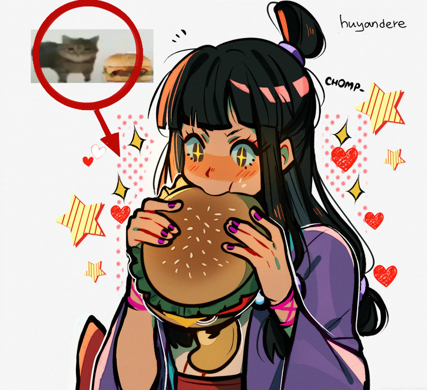 1girl ace_attorney artist_name black_hair blunt_bangs blush brown_eyes burger cat eating food haori heart highres huyandere jacket japanese_clothes kimono long_hair low-tied_long_hair low_tied_sidelocks maya_fey oversized_food oversized_object photo_inset pink_ribbon purple_jacket purple_nails ribbon sidelocks sleeves_past_elbows solo sound_effects_only sparkle sparkling_eyes star_(symbol) topknot upper_body very_long_hair white_kimono wide_sleeves wrist_ribbon