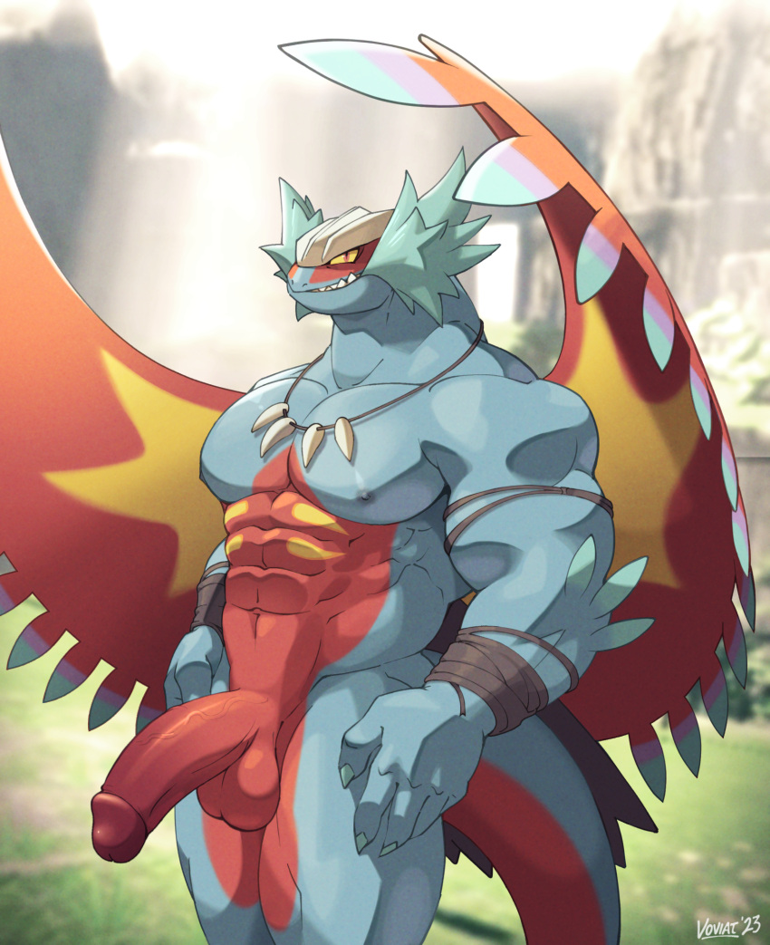 abs ancient_pokemon anthro anthrofied arm_wraps balls detailed_background erection generation_9_pokemon genitals hi_res jewelry looking_at_viewer male muscular muscular_anthro muscular_male necklace nintendo nipples paradox_pokemon pecs penis pokemon pokemon_(species) reptile roaring_moon scalie smile voviat wings wraps