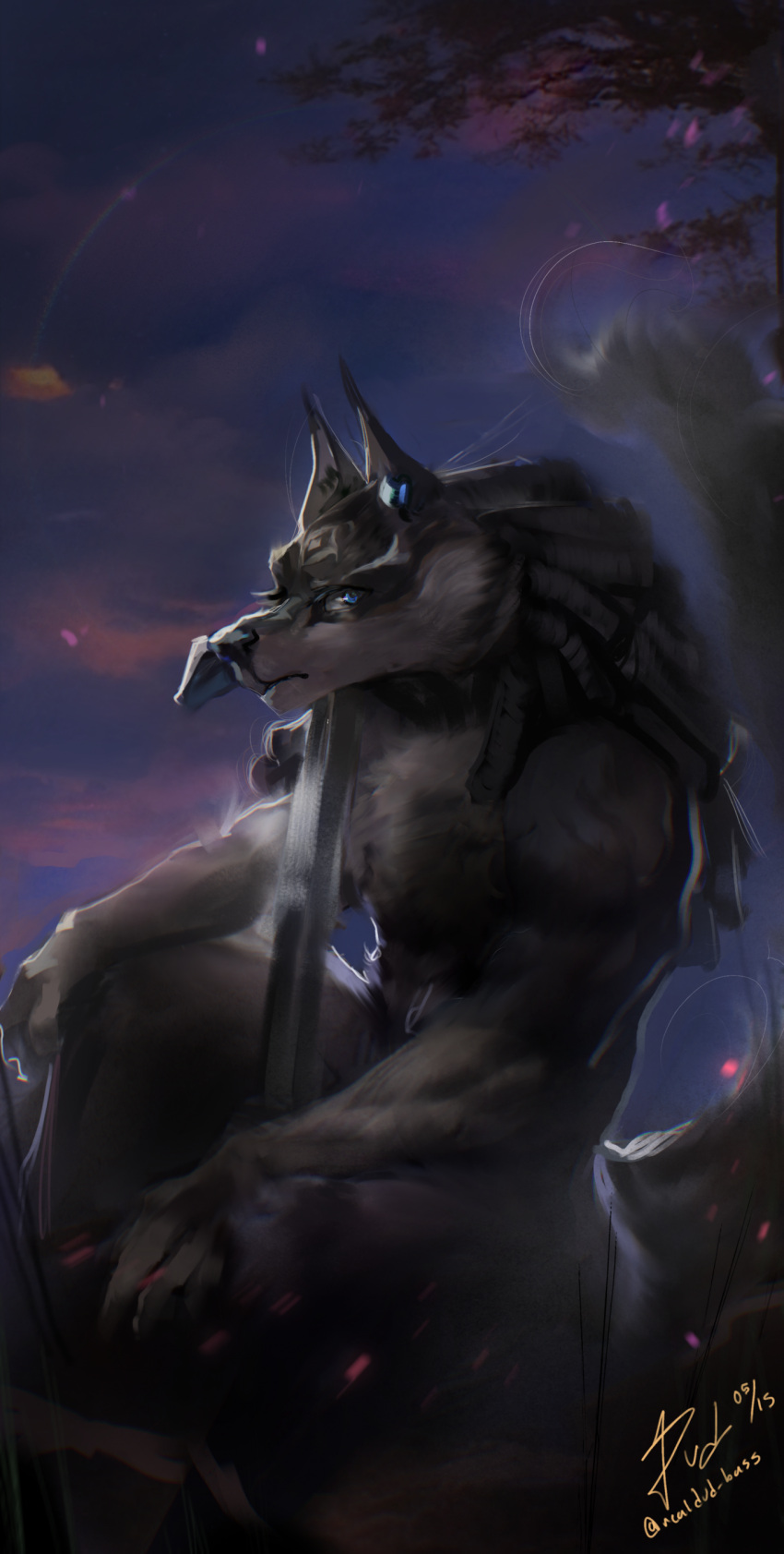 absurd_res anthro anthrofied biped black_nose blue_eyes canid canine canis dud_bass hi_res link_(wolf_form) male mammal master_sword melee_weapon night nintendo nude serious serious_face sitting solo sword the_legend_of_zelda weapon wolf
