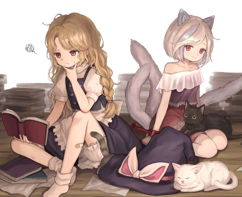 2girls animal animal_ears apron bandaid bandaid_on_leg bear_trap black_headwear black_skirt black_vest blonde_hair bloomers book braid brown_eyes cat closed_mouth dog_ears dog_tail frilled_apron frills hat highres holding holding_book kirisame_marisa long_hair mitsugashira_enoko multicolored_hair multiple_girls multiple_tails open_book puffy_short_sleeves puffy_sleeves purple_shirt red_eyes red_skirt sasami_(shiroi_fuwafuwa) shirt short_hair short_sleeves single_braid skirt smile socks squiggle streaked_hair tail touhou unworn_hat unworn_headwear vest waist_apron white_apron white_bloomers white_hair white_shirt white_socks witch_hat