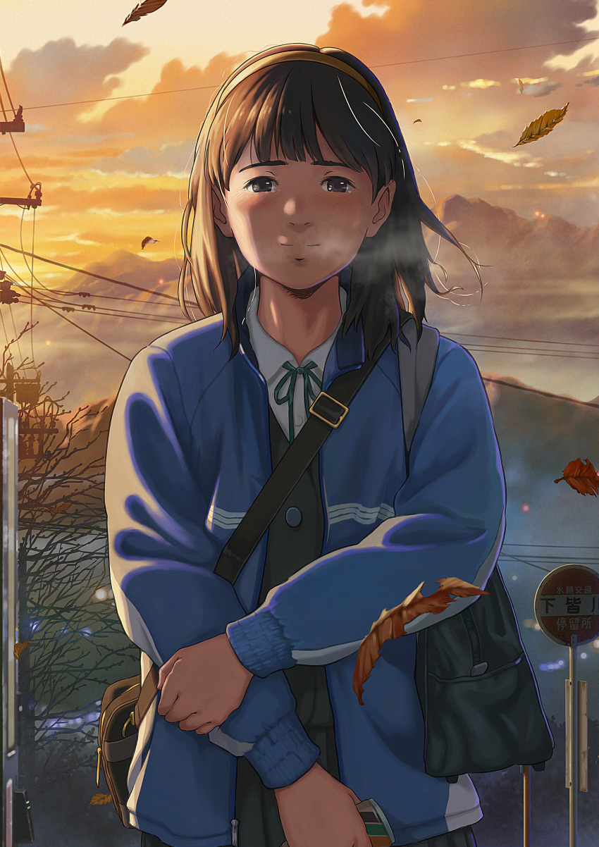 1girl absurdres backlighting bare_tree black_eyes black_hair blush breath bus_stop_sign can cloud evening hairband highres holding holding_can holding_own_arm isai_shizuka jacket leaf light_smile looking_at_viewer mountain mountainous_horizon neck_ribbon open_clothes open_jacket original power_lines ribbon rural school_uniform sky track_jacket tree twilight utility_pole vending_machine wind