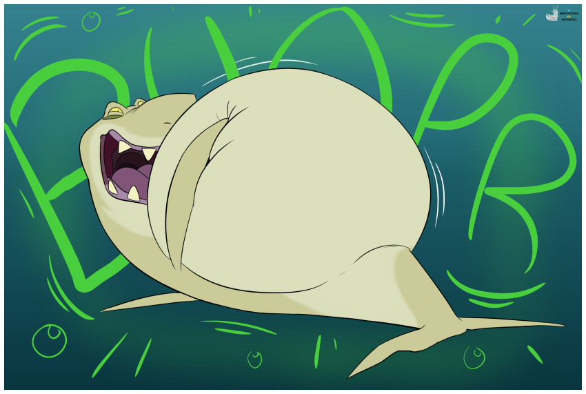 absurd_res artrogero_(artist) belly big_belly burping digestion digestion_noises feral fish gradient_background hi_res huge_belly male marine rumbling_stomach shark shark_(help!_i'm_a_fish) sharp_teeth simple_background solo teeth vore watermark