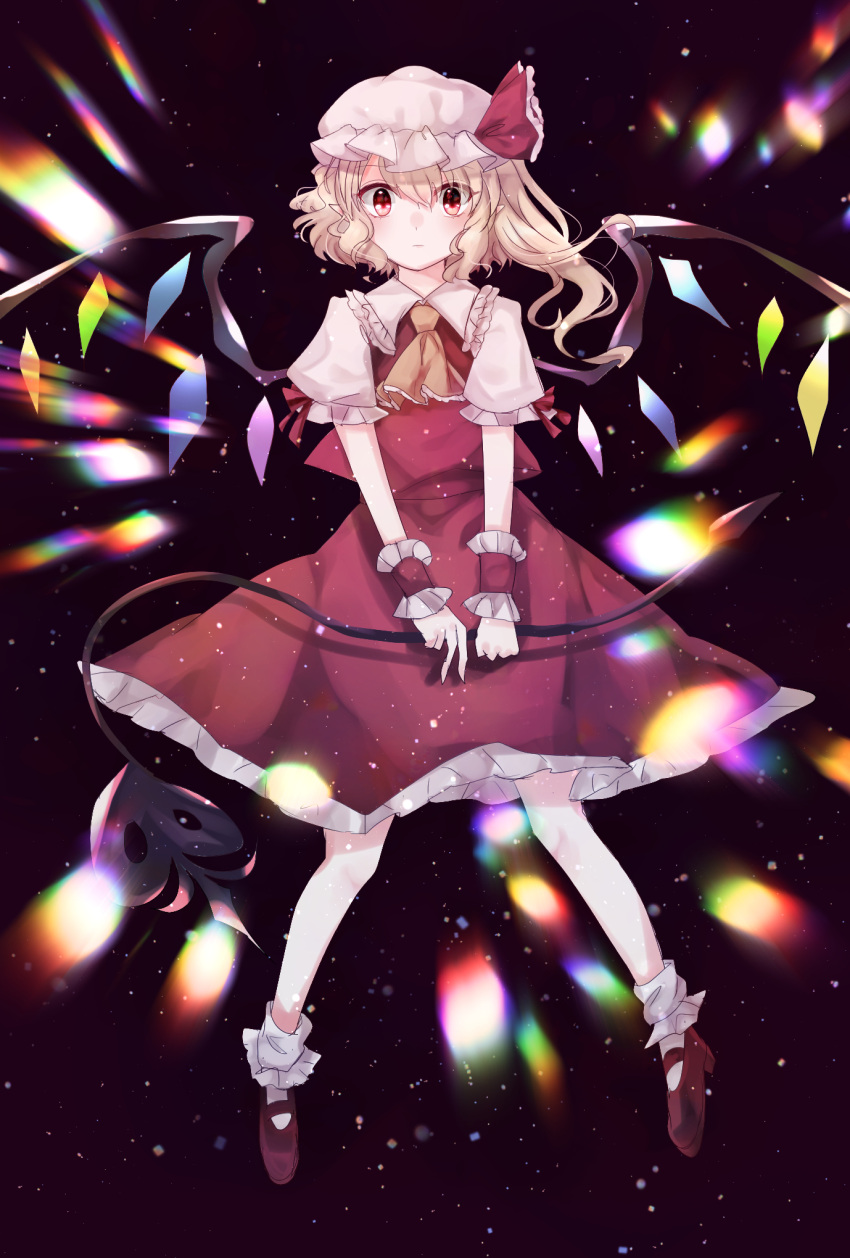 1girl ascot blonde_hair closed_mouth collared_shirt dark_background flandre_scarlet frilled_shirt_collar frilled_sleeves frills full_body hair_between_eyes hat highres holding holding_polearm holding_weapon laevatein_(touhou) looking_at_viewer mary_janes medium_hair mob_cap multicolored_wings one_side_up polearm puffy_short_sleeves puffy_sleeves red_eyes red_footwear red_skirt red_vest shirt shoes short_sleeves simple_background skirt skirt_set socks solo soraki_(marisa_syou) touhou vest weapon white_headwear white_shirt white_socks wings wrist_cuffs yellow_ascot
