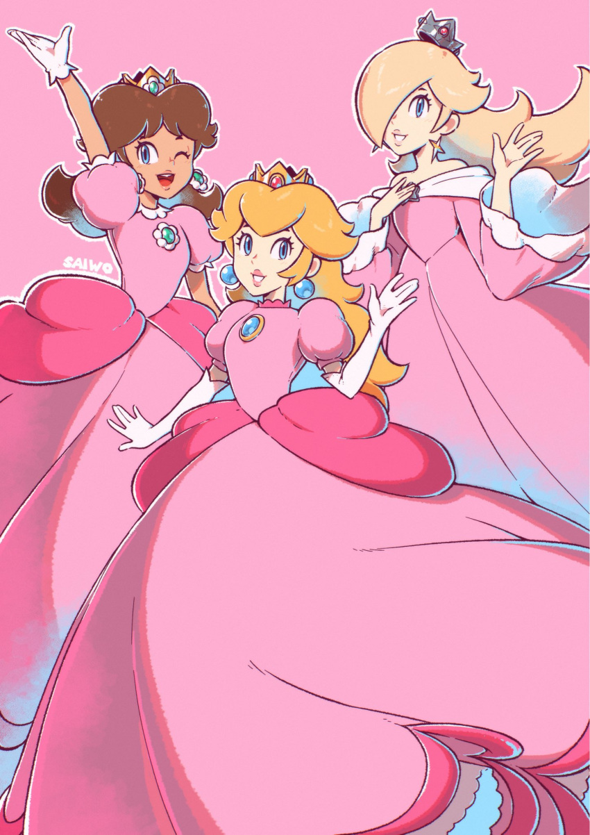 3girls alternate_color blonde_hair blue_eyes dress earrings elbow_gloves flower_brooch flower_earrings gloves highres jewelry long_hair looking_at_viewer mario_(series) multiple_girls one_eye_closed open_mouth pink_dress princess_daisy princess_peach puffy_short_sleeves puffy_sleeves rosalina saiwo_(saiwoproject) short_sleeves sphere_earrings star_(symbol) star_earrings waving white_gloves