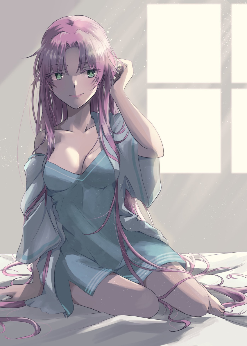 1girl aqua_dress aria arm_support bed_sheet blush breasts breasts_apart cleavage closed_mouth collarbone dress eyelashes full_body green_eyes hair_tubes hand_up highres indoors long_hair looking_to_the_side medium_breasts mizunashi_akari nabana_yuna off_shoulder on_bed pajamas parted_bangs pink_hair shadow short_dress sitting smile solo strap_slip thighs very_long_hair wide_sleeves window yokozuwari