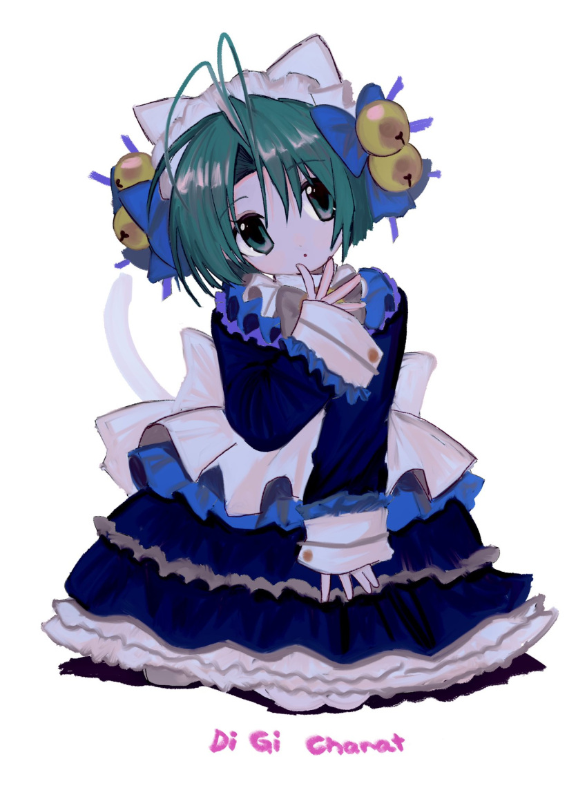 1girl animal_ears antenna_hair apron bell blue_dress cat_ears cat_tail dejiko di_gi_charat dress green_eyes green_hair hair_bell hair_ornament highres long_sleeves looking_at_viewer maid_apron pepeppepe101 short_hair tail