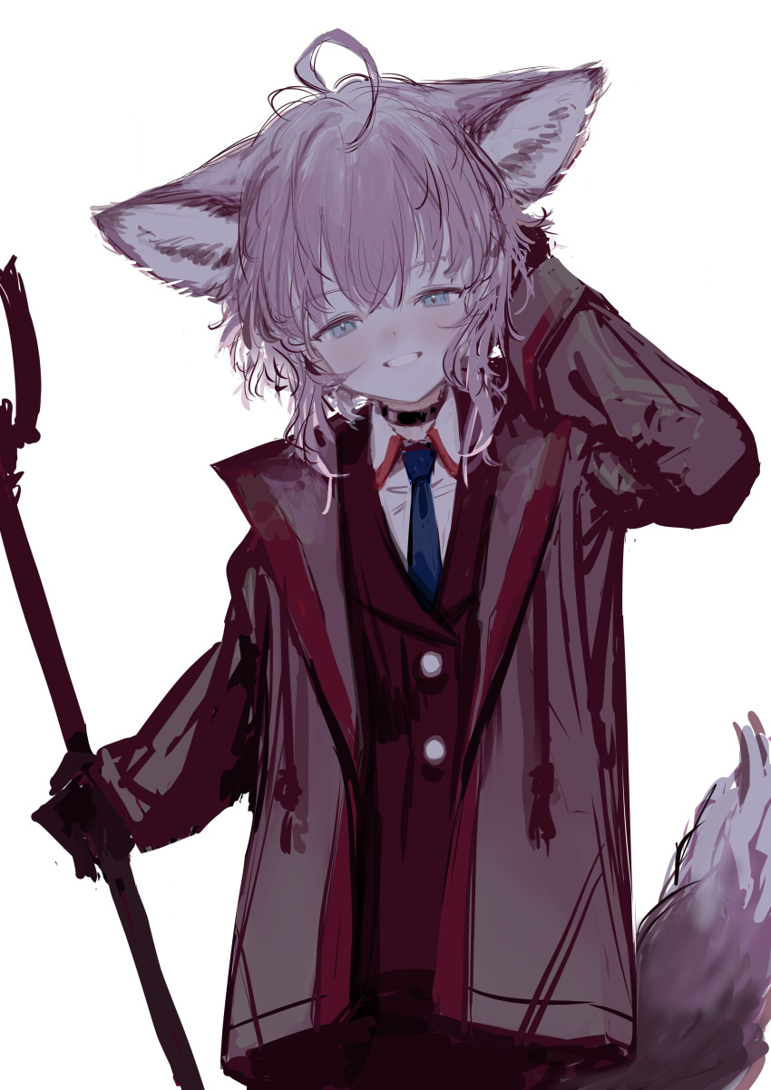 1girl absurdres ahoge alternate_costume animal_ears arknights blue_eyes blue_necktie blush choker coat collared_shirt commentary cowboy_shot fox_ears fox_girl fox_tail grin half-closed_eyes hand_in_own_hair hand_on_own_head hand_up head_tilt highres holding holding_staff jacket long_hair long_sleeves looking_at_viewer necktie open_clothes open_coat pink_hair purple_jacket red_jacket shirt simple_background smile solo staff suit sussurro_(arknights) tail teeth white_background yamori_no_o