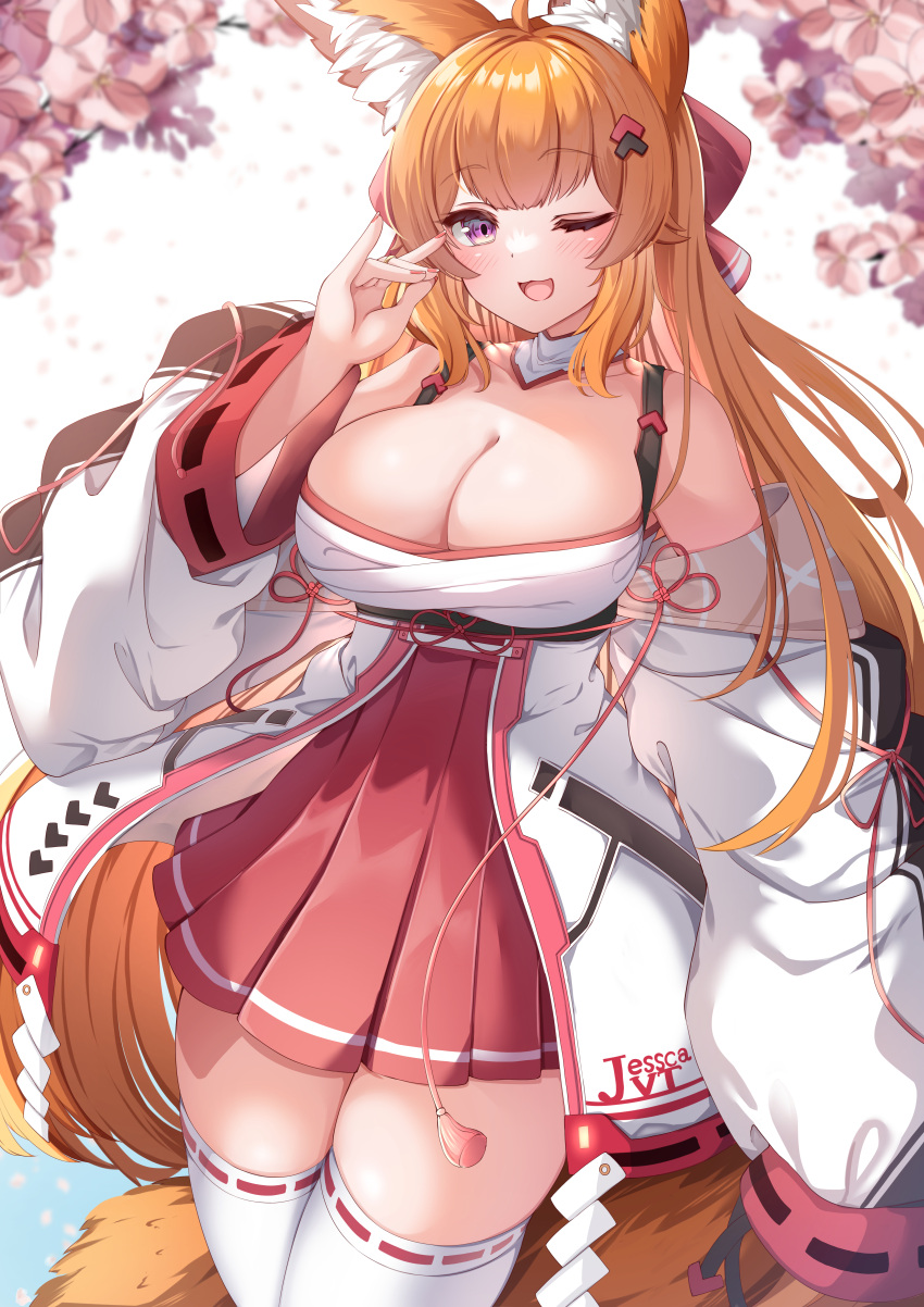 1girl ;d absurdres ahoge animal_ear_fluff animal_ears bare_shoulders blurry blurry_background blush breasts cleavage commission depth_of_field fox_ears fox_girl fox_shadow_puppet fox_tail hair_ornament hakama hakama_short_skirt hakama_skirt hand_up highres japanese_clothes large_breasts long_hair long_sleeves looking_at_viewer moyoron nail_polish one_eye_closed orange_hair original pink_nails purple_eyes red_hakama ribbon-trimmed_legwear ribbon-trimmed_sleeves ribbon_trim skeb_commission skirt smile solo tail thighhighs very_long_hair white_sleeves white_thighhighs wide_sleeves