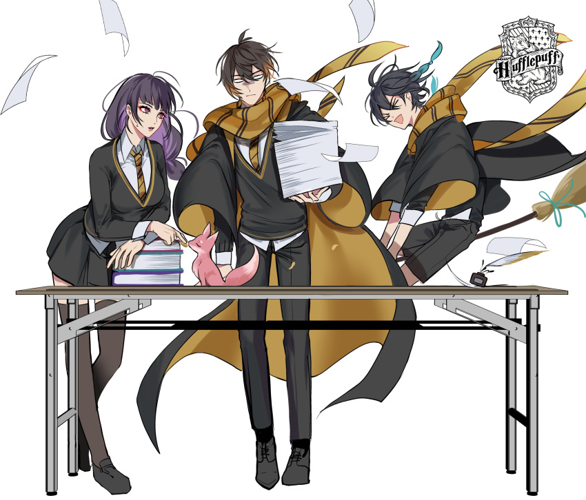 &gt;_&lt; 2boys 2girls absurdres ahoge animal animal_ears antenna_hair black_coat black_footwear black_hair black_pants black_shorts black_skirt black_sweater blue_hair blue_ribbon book braid breasts broom broom_riding brown_hair brown_thighhighs closed_eyes closed_mouth coat collared_shirt crossover desk english_commentary eyeshadow flying food fox fox_ears fox_tail full_body genshin_impact gradient_hair hand_up harry_potter_(series) highres hogwarts_school_uniform holding holding_food holding_paper hufflepuff ink_bottle lips long_hair long_sleeves looking_at_another makeup medium_breasts mole mole_under_eye multicolored_hair multiple_boys multiple_girls necktie no_headwear open_clothes open_coat open_mouth orange_hair pants paper pink_eyes pink_fur pleated_skirt pnk_crow ponytail purple_hair quill raiden_shogun red_eyeshadow ribbon scarf school_uniform shirt shoes short_hair shorts simple_background sitting skirt smile standing sweat sweatdrop sweater tail teeth thighhighs twin_braids two-sided_coat v-shaped_eyebrows venti_(genshin_impact) white_background white_shirt wide_sleeves wizarding_world yae_miko yae_miko_(fox) yellow_coat yellow_necktie yellow_scarf zhongli_(genshin_impact)