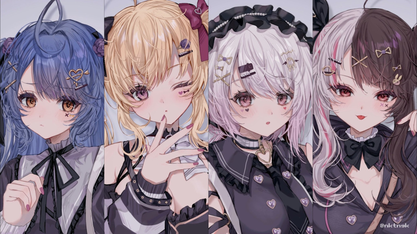 4girls ahoge alternate_costume amamiya_kokoro black_hair black_headwear black_ribbon blonde_hair blue_hair blush bow bowtie breasts cleavage closed_mouth cross_tattoo finger_to_mouth frown hair_between_eyes hair_ornament hairband hairclip heart heart_tattoo highres large_breasts lolita_hairband long_hair looking_at_viewer low_ponytail medium_breasts multicolored_hair multiple_girls nail_polish neko_tengoku nijisanji one_eye_closed open_mouth parted_bangs pink_eyes pink_hair purple_eyes purple_ribbon red_eyes ribbon shiina_yuika simple_background small_breasts smile split-color_hair streaked_hair takamiya_rion tattoo tongue tongue_out twintails twitter_username two-tone_hair virtual_youtuber white_bow white_bowtie white_hair x_hair_ornament yellow_eyes yorumi_rena