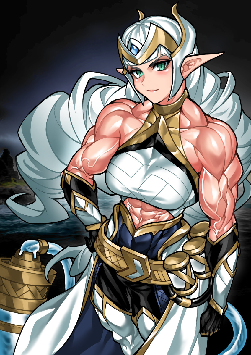 1girl abs absurdres belt boots breasts crop_top elf gauntlets gloves highres large_breasts long_hair looking_at_viewer muscular muscular_female original pointy_ears smile solo tiara white_hair yotaro