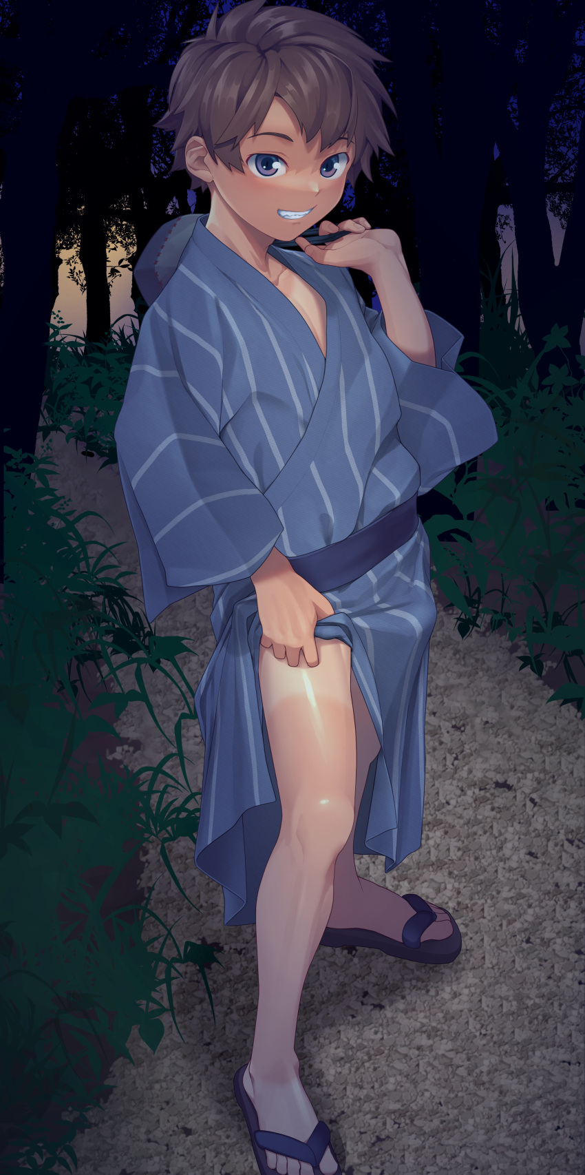 1boy :d absurdres bag bare_legs blue_kimono brown_hair bulge carrying_bag carrying_over_shoulder clothes_lift collarbone commentary_request dark erection erection_under_clothes feet forest fuwatoro_(i7mnoehere) grin hand_up highres japanese_clothes kimono kimono_lift legs_apart legwear_tan lifted_by_self long_sleeves looking_at_viewer male_focus nature naughty_face night obi original outdoors parted_bangs pectoral_cleavage pectorals purple_eyes sash shiny_skin shirt_tan short_hair shorts_tan smile solo standing striped striped_kimono tan tanlines tree vegetation vertical-striped_kimono vertical_stripes wide_sleeves yukata zouri