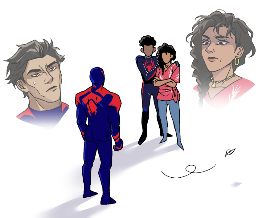 1girl 2boys black_eyes black_hair brown_hair crossed_arms dark-skinned_female dark_skin earrings gugusam0 hands_on_shoulders hiding hiding_behind_another jewelry korean_commentary leaf long_hair marvel mexican_standoff miguel_o'hara miles_morales mother_and_son multiple_boys necklace red_eyes rio_morales serious shadow spider-man:_across_the_spider-verse spider-man_(2099) spider-man_(miles_morales) spider-man_(series) standing sweatdrop white_background