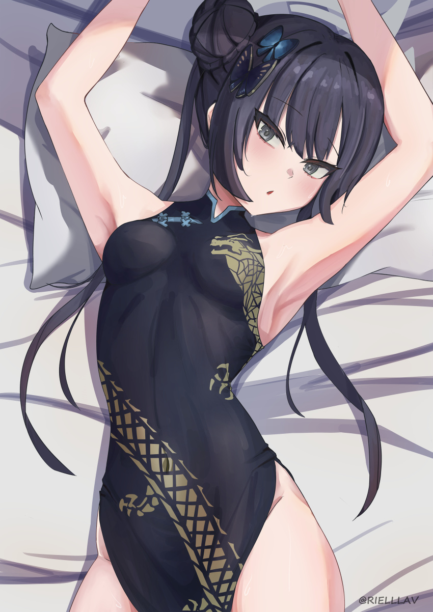 1girl :o absurdres armpits arms_up bed_sheet black_dress blue_archive breasts butterfly_hair_ornament china_dress chinese_clothes dragon_print dress grey_eyes hair_bun hair_ornament highres kisaki_(blue_archive) lavriell long_hair looking_at_viewer lying on_back open_mouth pelvic_curtain pillow presenting_armpit print_dress side_slit sleeveless sleeveless_dress small_breasts solo taut_clothes taut_dress twintails