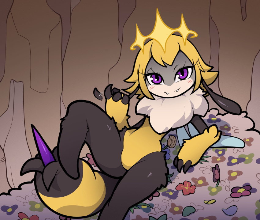 anthro arthropod bee biped black_body black_fur blonde_hair blush detailed_background featureless_crotch female fur hair hi_res hymenopteran insect inviting itsunknownanon looking_at_viewer purple_eyes solo yellow_body yellow_fur