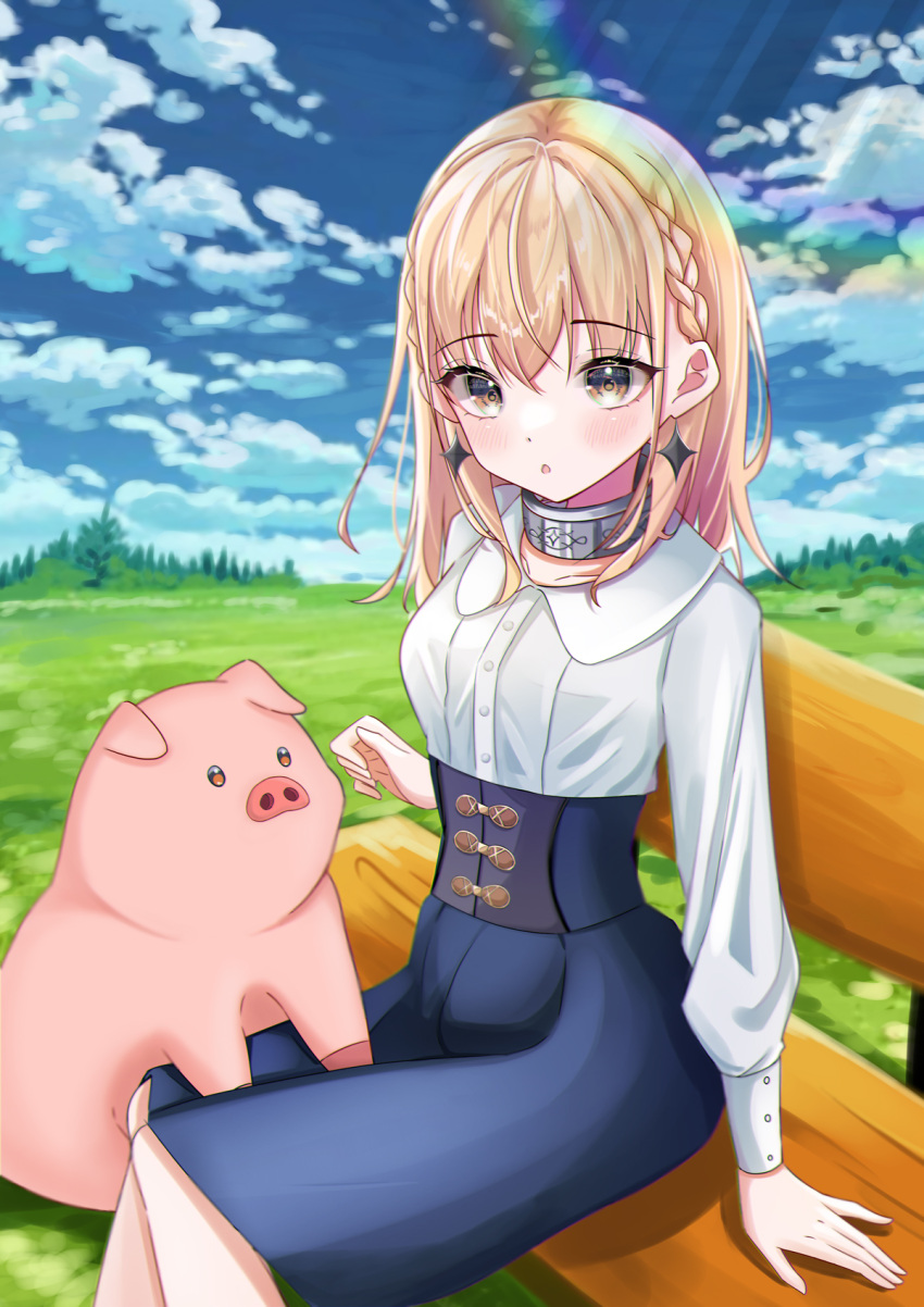 1girl animal blonde_hair breasts buta_no_liver_wa_kanetsu_shiro collar collarbone earrings highres jess_(buta_no_liver_wa_kanetsu_shiro) jewelry long_sleeves looking_at_viewer medium_hair on_bench outdoors pig pig_(buta_no_liver_wa_kanetsu_shiro) shirt sitting white_shirt yellow_eyes